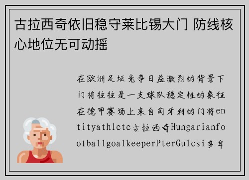古拉西奇依旧稳守莱比锡大门 防线核心地位无可动摇