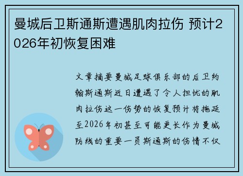 曼城后卫斯通斯遭遇肌肉拉伤 预计2026年初恢复困难 曼城后卫斯通斯遭遇肌肉拉伤 预计2026年初恢复困难
